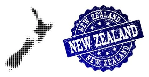 Collage of Halftone Dotted Map of New Zealand and Grunge Stamp Watermark 스톡 일러스트