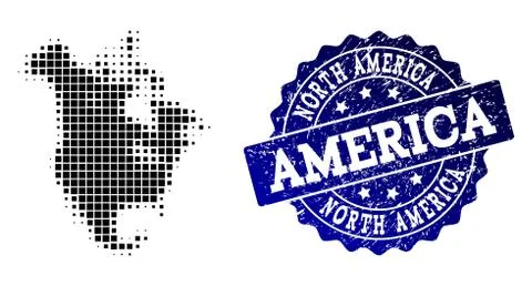 Collage of Halftone Dotted Map of North America and Grunge Stamp Watermark 스톡 일러스트