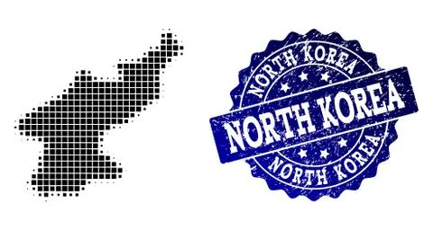 Collage of Halftone Dotted Map of North Korea and Grunge Stamp Watermark Illustrazione stock