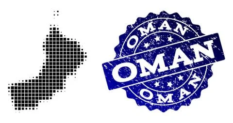 Collage of Halftone Dotted Map of Oman and Grunge Stamp Watermark 스톡 일러스트