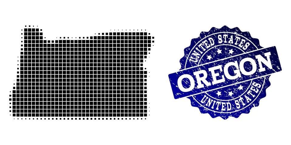 Collage of Halftone Dotted Map of Oregon State and Grunge Stamp Watermark 스톡 일러스트