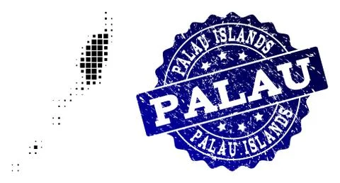 Collage of Halftone Dotted Map of Palau Islands and Grunge Stamp Watermark 스톡 일러스트