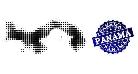 Collage of Halftone Dotted Map of Panama and Grunge Stamp Watermark Stock Illustration