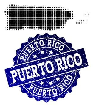 Collage of Halftone Dotted Map of Puerto Rico and Grunge Stamp Watermark Illustrazione stock