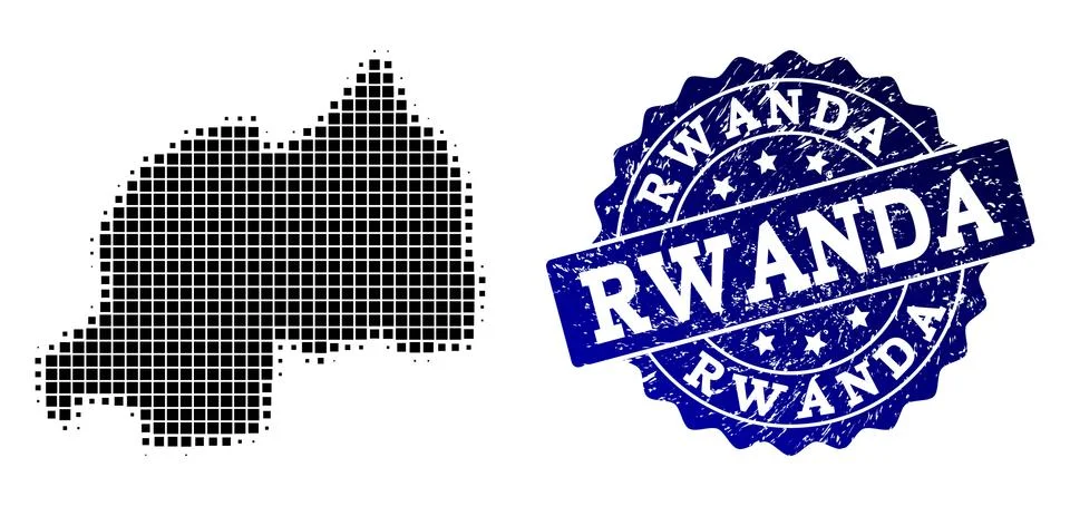 Collage of Halftone Dotted Map of Rwanda and Grunge Stamp Watermark 스톡 일러스트