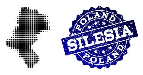 Collage of Halftone Dotted Map of Silesia Voivodeship and Grunge Stamp Watermark 스톡 일러스트