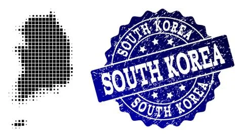 Collage of Halftone Dotted Map of South Korea and Grunge Stamp Watermark 스톡 일러스트