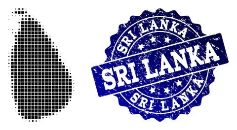 Collage of Halftone Dotted Map of Sri Lanka and Grunge Stamp Watermark Illustrazione stock