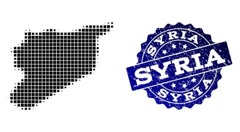 Collage of Halftone Dotted Map of Syria and Grunge Stamp Watermark 스톡 일러스트