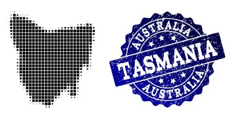 Collage of Halftone Dotted Map of Tasmania Island and Grunge Stamp Watermark Illustrazione stock
