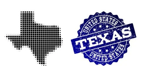 Collage of Halftone Dotted Map of Texas State and Grunge Stamp Watermark 스톡 일러스트