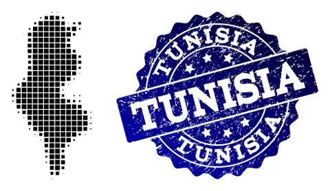 Collage of Halftone Dotted Map of Tunisia and Grunge Stamp Watermark Illustrazione stock