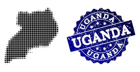 Collage of Halftone Dotted Map of Uganda and Grunge Stamp Watermark 스톡 일러스트