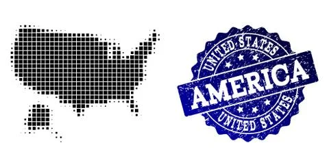 Collage of Halftone Dotted Map of USA and Alaska and Grunge Stamp Watermark Stock Illustration