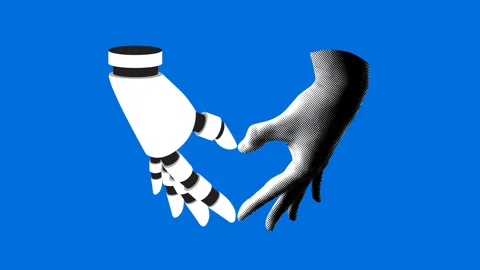 Collage with halftone human and robot hand folded into shape heart Stock Footage 332398955