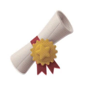 Collage halftone sticker with diploma scroll with red ribbon . Educational pop Stock Illustration