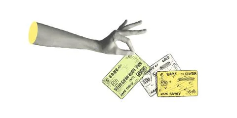 Collage with halftone-style hand statue. Minimalist cash Illustrazione stock