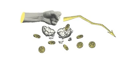 Collage with halftone-style hand statue Minimalist finance Stock Illustration