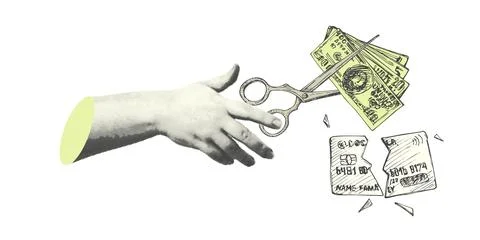 Collage with halftone-style hand statue . Minimalist finance Stock Illustration