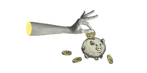 Collage with halftone-style hand statue. Minimalist cash Stock Illustration