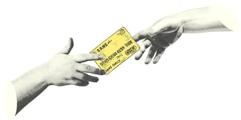 Collage with halftone-style hand statue. Minimalist cash Stock Illustration