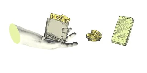 Collage with halftone-style hand statue. Minimalist online Stock Illustration
