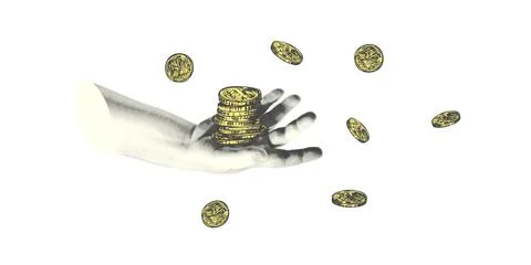 Collage with halftone-style hand statue. Minimalist cash Stock Illustration