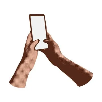 Collage with halftone style two hands holding smartphone Minimalist metaphor Stock Illustration