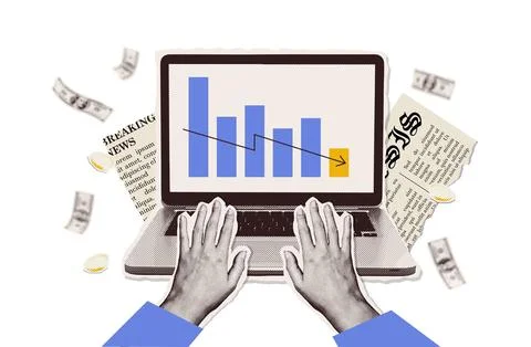 Collage with halftone two hands and arrow graph going down on laptop screen Stock Illustration