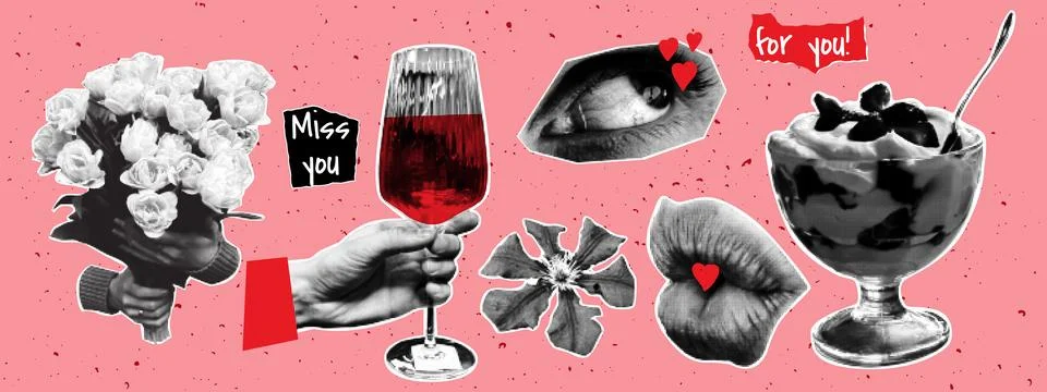 Collage halftone Valentine's Day elements. Bouquet of flowers, glass of win.. Illustrazione stock