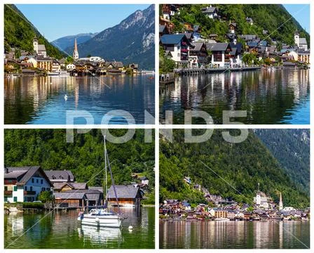 Collage of Hallstatt village photos in Austria Stock Photos