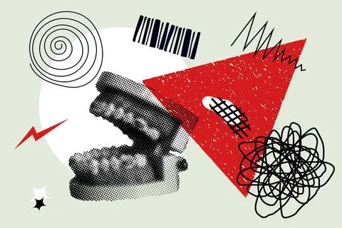 Collage with hand draw doodle elements and opened mouth. Vintage vector set Stock Photos