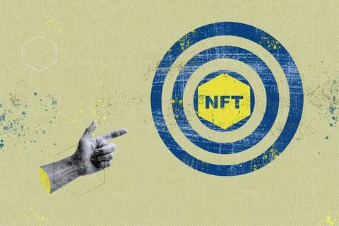 Collage hand finger pointer pointed at the target with NFT Foto stock