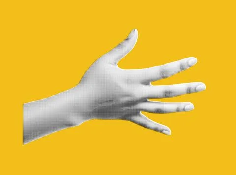 Collage hand with halftone effect. Cut out paper. Hand holds c gesture high five Stock Illustration