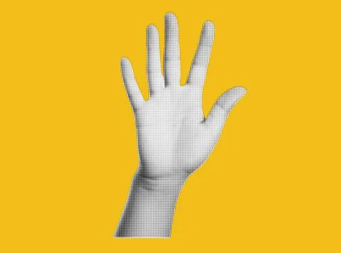 Collage hand with halftone effect. Cut out paper. Hand holds c gesture high five Stock Illustration