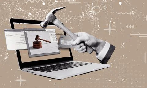 Collage of hand with hammer about to strike a laptop screen showing a gavel.. Stock Illustration