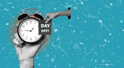 Collage of a hand holding a clock and a sign that says Day Off on a blue ba.. Stock Photos