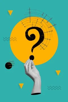 Collage of a hand holding a question mark on a yellow circle Stock Photos