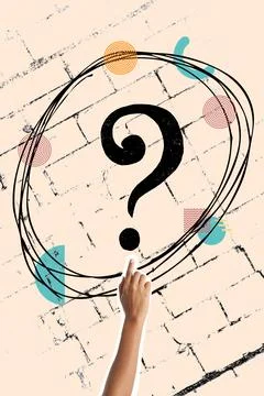 Collage of a hand pointing a question mark on a bricks wall in the background Stock Illustration