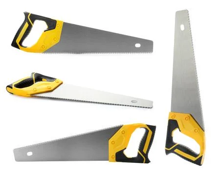 Collage with hand saws on white background. Carpenter's tools Fotos de archivo