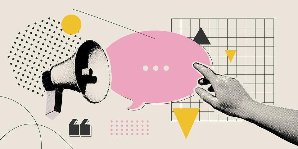 Collage hand showing speech bubble. Megaphone, quote, news, promo. Social m.. Stock Illustration