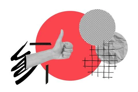 Collage of a hand with the thumb up on a red circle with gray circles Stock Photos