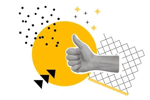 Collage of a hand with the thumb up on a yellow circle with black dots Stock Illustration