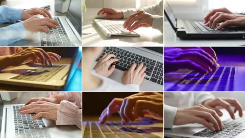 Collage of hands working on laptop. Close-up of fingers typing on notebook.  Stock Footage 298884780