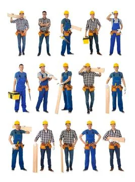 Collage of handsome carpenter on white background Fotos de archivo