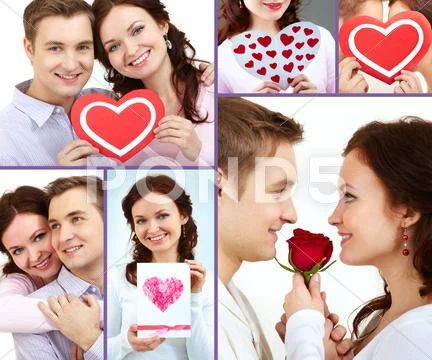 Collage of happy and amorous people on st. valentine day Stock Photos