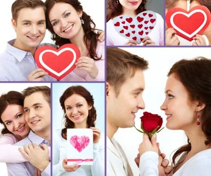 Collage of happy and amorous people on st. valentine day Stock Photos