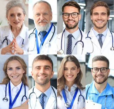 Collage of happy doctors with stethoscopes in a row. Stock Photos