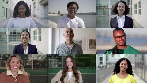 Collage of happy people looking at camera Stock Footage 121914371