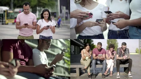 Collage of happy people using mobile phone Video stock 132945162